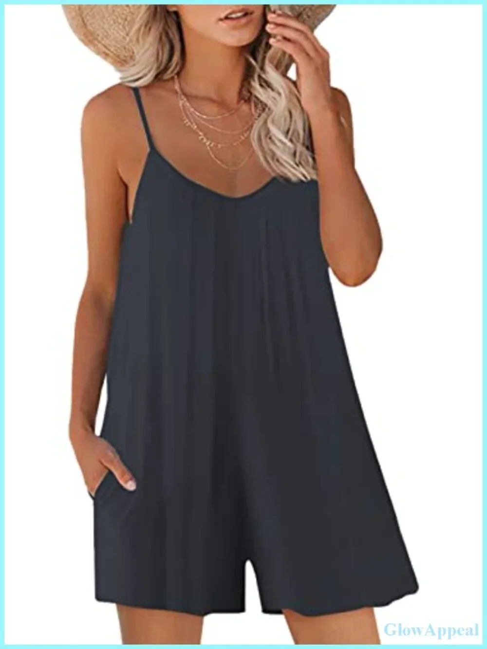 Sleeveless Spaghetti Strap Romper with Pockets Loose Fit Casual Jumpsuit